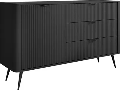 Produktbild von MIRJAN24 Sideboard Lante 1D3S, Kommode mit Drehtür und drei Schubladen, Metallfüße und Aluminiumgriffe, 139x38x82 cm (Farbe: Schwarzer Graphit)
