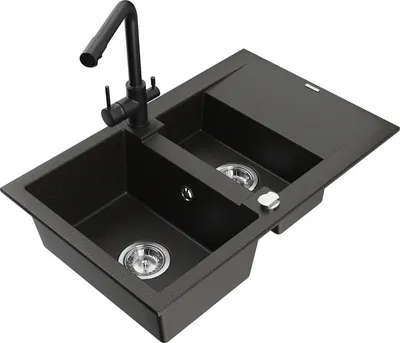 Produktbild von Mexen Gaspar 1,5-Becken-Granitspüle mit Abtropffläche und Mischbatterie Duero, Schwarz/Gold - 6507-75-671600-70