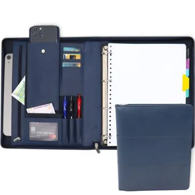Obrázek produktu pro Kožené psací pouzdro Paris - konferenční složka - složka na dokumenty A4 - pouzdro na tablet a notebook - odnímatelný kroužkový pořadač - modrá barva