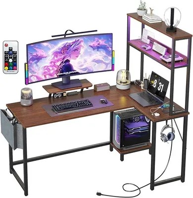 Productafbeelding van Bureau in L-vorm met LED-verlichting en stopcontacten, gaming bureau met plank en monitorstandaard, hoekbureau voor thuiswerkplek, vintagebruin/zwart