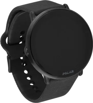 A product shot of a black smartwatch on a white background.