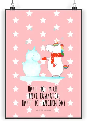 Produktbild von Mr. & Mrs. Panda Bild Einhorn Schneemann DIN A5 - Rot Pastell - Geschenk, Plakat, kalt, Unicorn, Schnee, Kuchen, Winter, Kunstdruck, Wandbild, Weihnachten, drucke