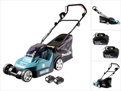A Makita cordless lawnmower with two batteries displayed on a white background, along with smaller inset images of the lawnmower and batteries.