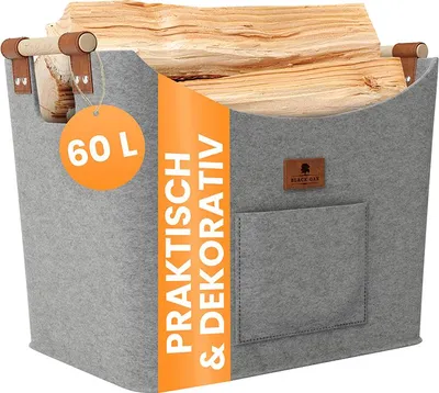 Produktbild von BLACK OAK Montana XL 60L Holzkorb aus Filz hellgrau – Kaminholz und Brennholz Korb mit Griffen und Echtleder Applikationen