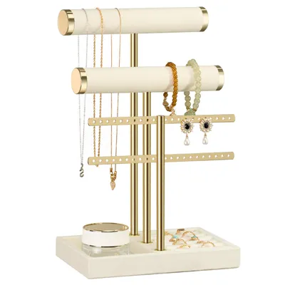 Produktbild von Schmuck Organizer mit 3 Ebenen - Beige Schmuckständer Armbänder, Abnehmbarer T-Steg Schmuck Ständer, Samt-Armbandhalter, Schmuckhalter für Armband