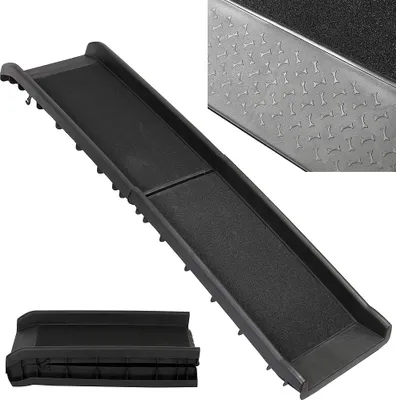 A black foldable dog ramp is shown against a white background. A close-up inset shows a textured surface with bone patterns.