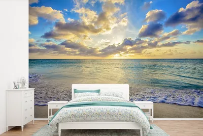 Produktbild von MuchoWow® Fototapete für Wohnzimmer oder Schlafzimmer Wandtapete Vinyl Motivtapete Meer - Strand - Wolken - Sonne - 420x280 cm - Zimmer für Kinder