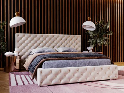 Obrázok produktu pre Čalúnená posteľ GRAINGOLD Chesterfield 180x200 Madera - Štýlové masívne čelo - Posteľ s podnožou a lamelovým roštom - Béžová (Magic velvet 2201)