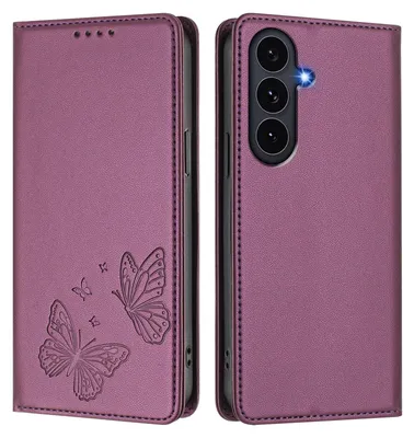Image de Étui en cuir pour Samsung Galaxy S25 FE, motif papillon en relief, étui à rabat avec porte-appareil, violet