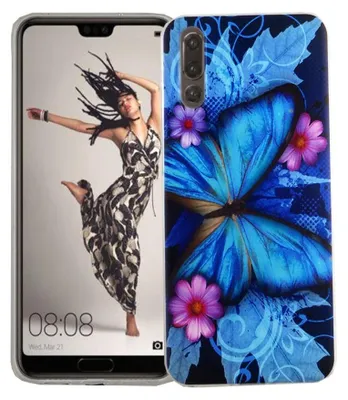 A smartphone with a case featuring a blue butterfly and flowers, displayed next to the phone's screen showing a woman dancing.