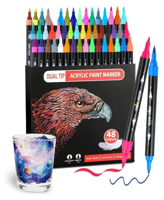 Produktbild von Acrylstifte Set 48 Farben Doppelspitze (Pinsel & Feine) Wasserfest für Holz, Leinwand, Stein, Glas, Keramik