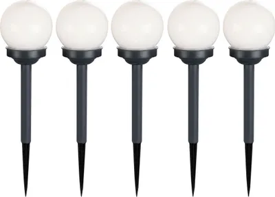 Five solar-powered garden lights with spherical tops and pointed stakes.