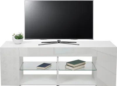 Image de Rack TV HWC-L36, Table de télévision Table basse Armoire TV Commode, bois 50x144x40cm Compartiment de rangement, blanc brillant