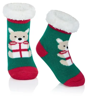 Produktbild von Kindersocken Wintersocken für Mädchen und Jungen, weich, flauschig, warm, dick, Kuschelsocken, Haussocken, Bodensocken, 1-3 Jahre, Grüner Bär Design, Anti-Rutsch