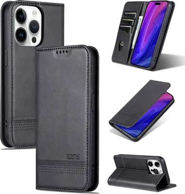 Immagine prodotto di Custodia in pelle per iPhone 15 Pro, custodia pieghevole a portafoglio con chiusura magnetica e supporto nero