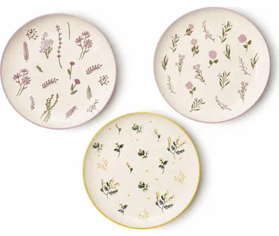 Image de Assiettes à dessert décorées de motifs de plantes aromatiques - lot de 3, diamètre 22 cm