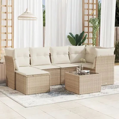 Produktbild von CLORIS 7-tlg. Garten-Sofagarnitur - mit Kissen - Beige Poly Rattan - Gartenmöbelgarnituren LL0000255684