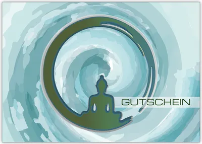 Produktbild von 4x Moderne Designer Gutscheinkarte (Blanko) mit Buddha Motiv "Gutschein" in blau z.B. für Wellness Geschenke