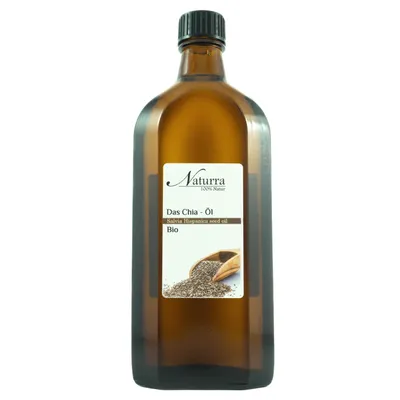 Produktbild von Chiaöl Bio 250ml – kaltgepresst unraffiniert nativ – Salvia Hispanica Öl im Glas – Naturra premium Chiasamenöl Naturkosmetik für Haut & Haare