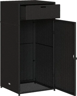 A black poly rattan garden storage cabinet with one drawer and two doors, shown with the doors open.