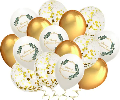 Imagen del producto de Globos para la comunión, color dorado, con confeti y motivos decorativos. Paquete de 15 unidades.