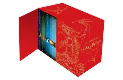A red box set of Harry Potter books with gold dragon and bird illustrations, with the books partially visible inside.