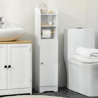 Produktbild von Sweiko Badezimmerschrank, schmal, Regale, Schrankfach, Toilettenpapierhalter, weiß, 23 x 18 x 100 cm