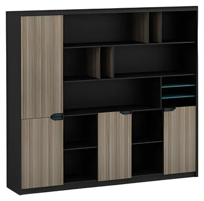Produktbild von Büroschrank Regalwand Holzoptik Braun Schwarz Modern Türen Fächer Ordner Blau