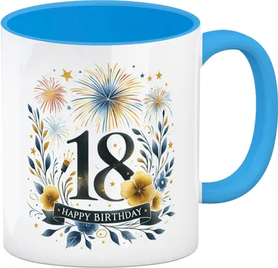 Produktbild von 18. Geburtstag Kaffeebecher in hellblau mit Spruch Happy Birthday 18