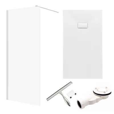 A collection of bathroom fixtures, including a shower screen, shower tray, and drain assembly, laid out on a white background.