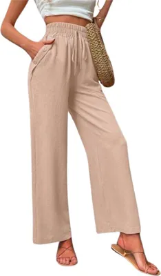 Image de ASKSA Pantalon Femme Taille Haute Jambe Large Unicolore Pantalon de Loisirs Cordon de Serrage Léger Pantalon d'Été Avec Poches (Kaki,M)