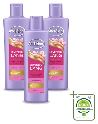 Imagen del producto de 3 champús Andrélon Levendig Lang, 250 ml cada uno, pack grande, 3 unidades
