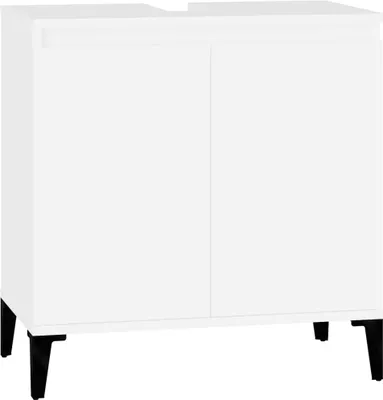 A white cabinet with two doors and black legs is shown against a white background.