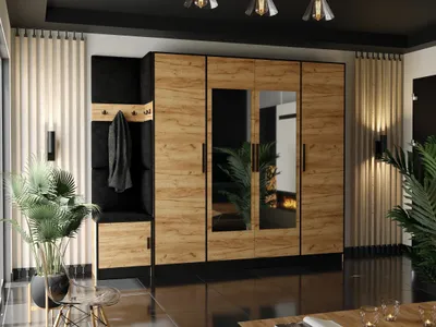 Obrázek produktu pro KIER FURNITURE Šatní Skříň, Craft Zlatý Dub + Černá Látka - 259,6x205x39cm