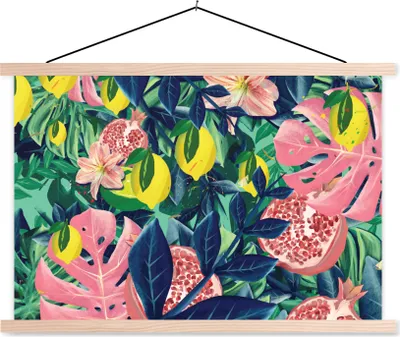 Produktbild von MuchoWow® Textilposter Blumen - Früchte - Farben 120x80 cm mit holzfarbenen Rahmen - Aufhängeset