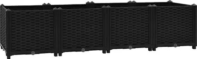 A black, modular raised garden bed.
