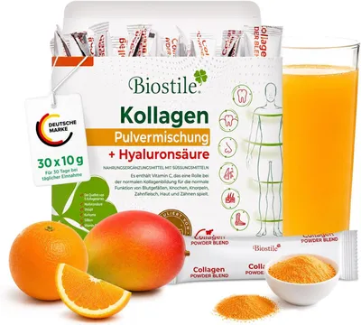 Produktbild von Biostile Collagen Powder Blend mit Hyaluronsäure – 30 Beutel mit 8600 mg hydrolysiertem Kollagen, Hyaluronsäure, Vitamin C, Curcumin und Shilajit für Haut, Gelenke und Knochen