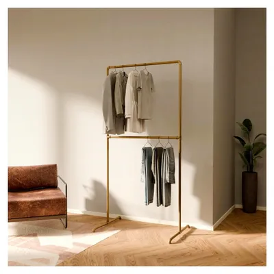 Produktbild von Kleiderständer in Gold – Freistehende Kleiderstange im Industrial Design 99 x 194 cm – Offener Kleiderschrank & Garderobenständer aus Metall für Schlafzimmer, Flur & Ankleidezimmer
