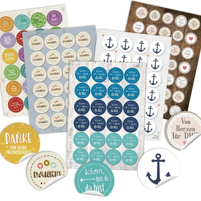 Produktbild von Buntes Aufkleber Set 131 Sticker - Danke + Anker + Sprüche Glückwunsch Motivation Liebe Freundschaft
