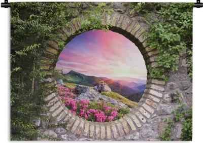 Produktbild von MuchoWow® Wandteppich Wandbehang Landschaft - Blumen - Aussicht - Berg 90x67.5 cm Tapisserie Dekoration Wandtuch - Fototeppich - Wand-Skulpturen