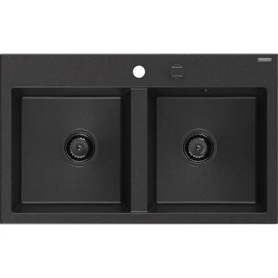 Zdjęcie produktu dla Mexen Hektor zlewozmywak granitowy 2-komorowy 800 x 480 mm, czarny/srebrny metalik, syfon czarny - 6521802000-73-B