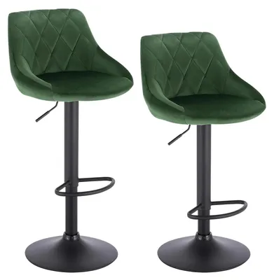 Image de Tabourets de bar, lot de 2 - Réglables en hauteur - Pivotants - Rembourrés - Avec repose-pieds - Revêtus de velours - Vert foncé