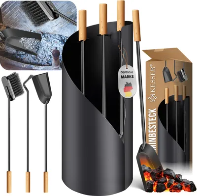 A collage of images showcasing a fireplace tool set, including close-ups of individual tools and the main set in its stand, along with packaging.