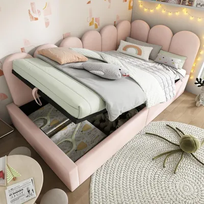 Zdjęcie produktu dla Łóżko tapicerowane o wymiarach 90x190 cm, idealne jako łóżko do wypoczynku w ciągu dnia, z hydraulicznym pojemnikiem na pościel, obite aksamitną tkaniną w kolorze różowym, z metalowym stelażem i tapicerowanym oparciem