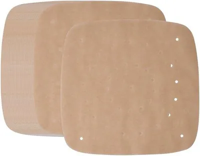 Produktbild von 100 Stück quadratisches perforiertes Backpapier, 23 cm, unbleicht, perforiert, Antihaft, Dampfpapier für Airfryer und Dampfzubehör (Braun)