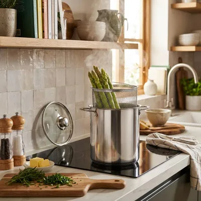 Produktbild von MPM Spargeltopf & Pastatopf 4,2 L Ø 16 cm – Edelstahl mit Siebeinsatz, Glasdeckel, Induktion, KI-generiertes Bild