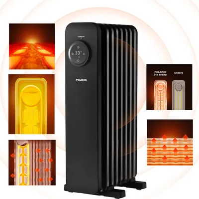 Produktbild von PELONIS PHOENIX Ölradiator mit 24-Stunden TIMER Touch-Display Energiesparend 1500 W Heizstrahler Heizung mit 7 Heizrippen, Einstellbarem Thermostat, Kippschutz und Überhitzungsschutz für Zuhause (Schwarz)