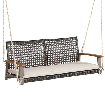 Immagine prodotto di COSTWAY Panca a dondolo a 2 posti fino a 360 kg, panca sospesa in rattan PE con cuscini e braccioli, altalena da giardino da appendere, altalena Hollywood bianca
