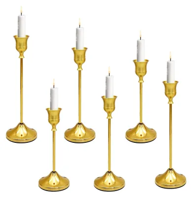 Produktbild von 6er Set Kerzenständer Gold (16/19/23 cm), Metall Stabkerzenhalter Vintage, Kerzenhalter für Stabkerzen mit Stabiler Anti-Rutsch-Basis für Tischdekoration Hochzeit, Wohnzimmer, Stabkerzenhalter für Weihnachten