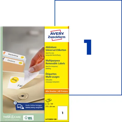 Produktbild von Avery Zweckform L4735REV-100, Universal-Etiketten, ablösbar, A4, 210 x 297 mm, 100 Etiketten / 100 Bögen, weiß
